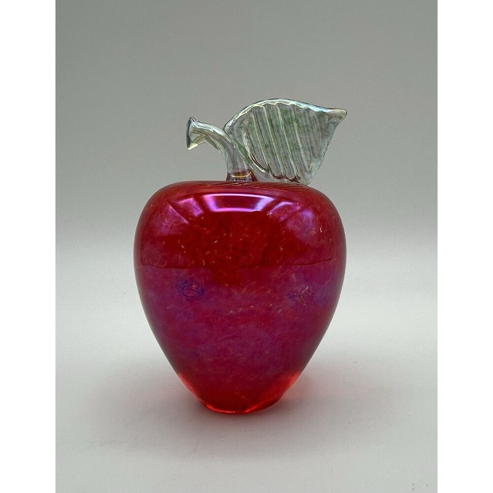 Roger Vines 1986 Red Iridescent Apple Art Glass Paperweight 3.5” Signed MSH Ash